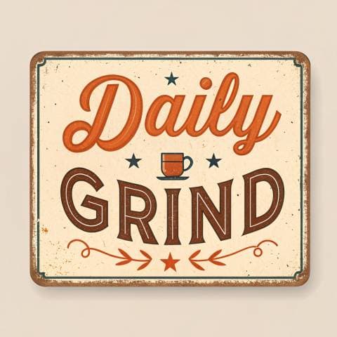Vintage coffee shop sign reading "DAILY GRIND", hand-painted lettering, cream and burnt orange, weathered texture