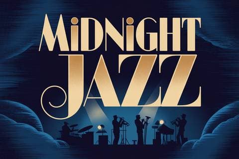 Concert poster with the large headline "MIDNIGHT JAZZ", art deco typography, gold on deep navy, subtle grain