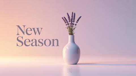 Clean e-commerce banner with the text "NEW SEASON" in bold sans-serif, pastel background, one product shadow, lots of wh