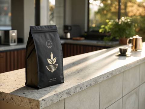 Matte black coffee bag mockup on a concrete counter, morning light, minimal specialty-coffee branding, product photograp