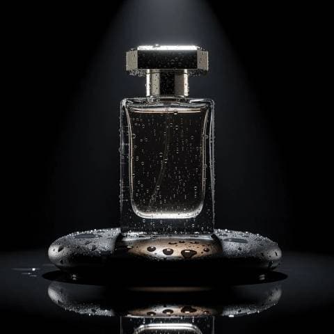 Luxury perfume bottle on wet black stone, single hard light, water droplets, deep reflections, studio product photograph
