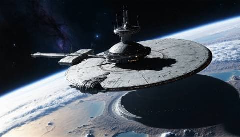 Orbital station above a ringed planet, hard sunlight, no people, realistic hard science fiction concept art